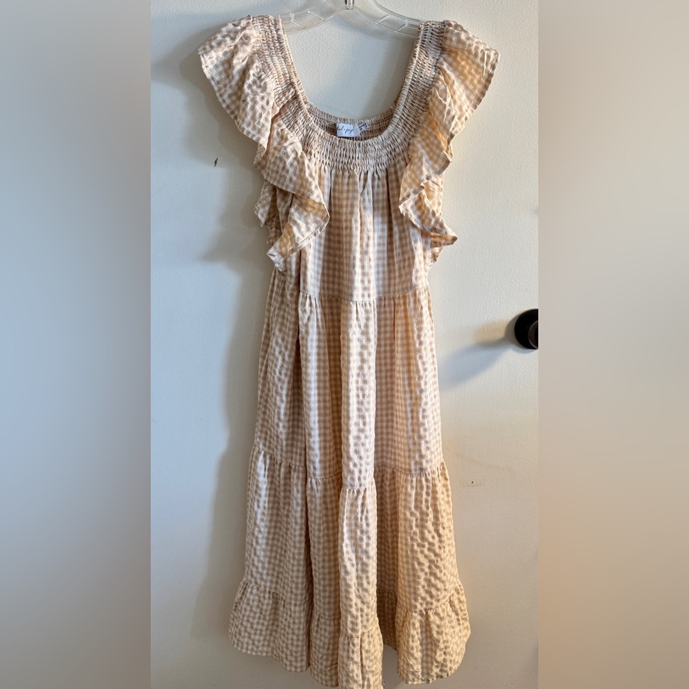 Petal & Pup Beige And White Gingham Off the Shoulder Ruffle Midi Dress Size 2 - Picture 3 of 8